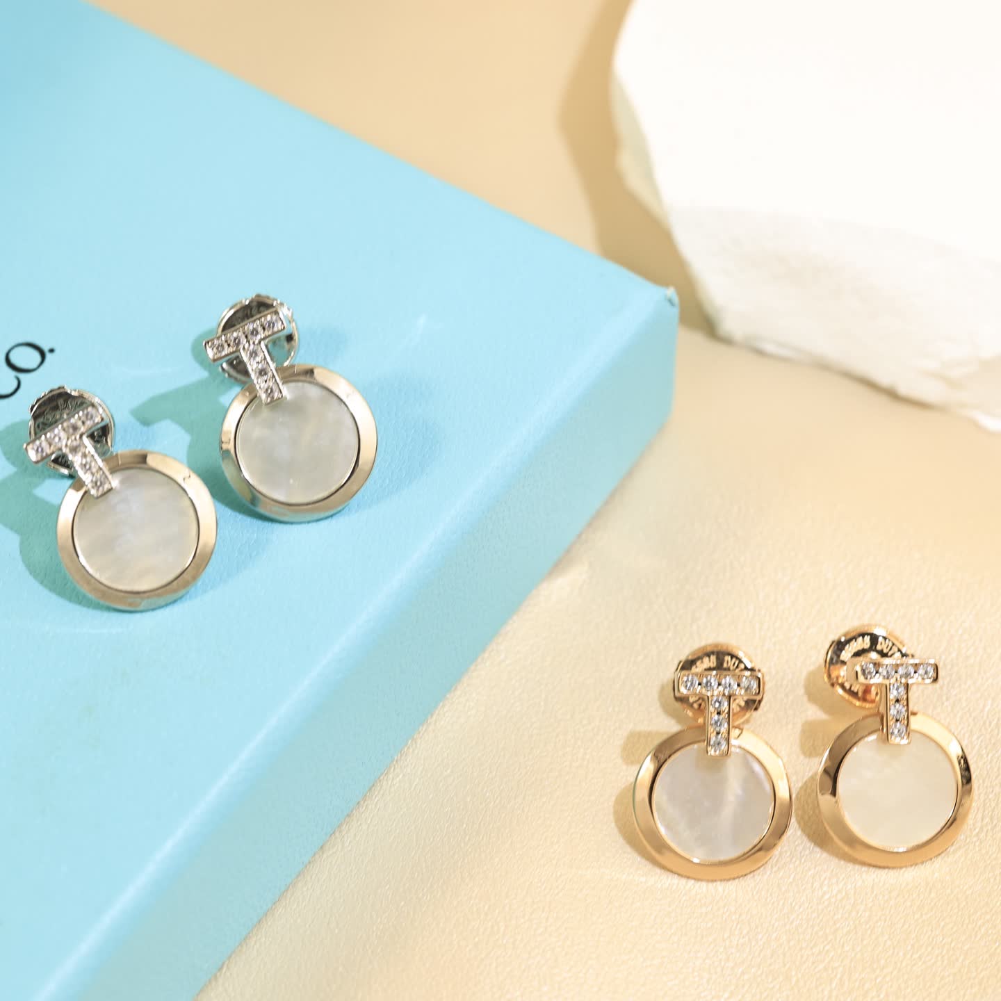 Tiffany & Co T Tahari Gold Tone Pearl Stud Earrings with Crystal Accents